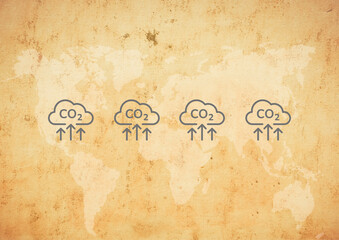 Illustration of CO2 increased on vintage map of the world on aged grunge paper