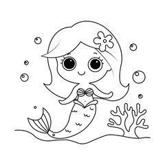 Mermaid cute coloring page hand drawn for kids 