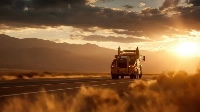 A yellow tow truck driving on a road during sunset