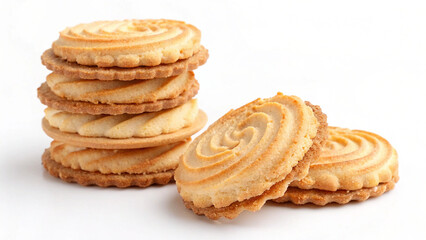Delicious buttery cookies stacked high, close-up view on white background, sweet treat, bakery product, golden brown, crispy texture, dessert, snack,