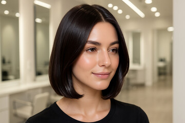 Portrait of a woman with a sleek bob hairstyle, set in a contemporary salon environment. the bright, minimalist decor features mirrors and styling chairs