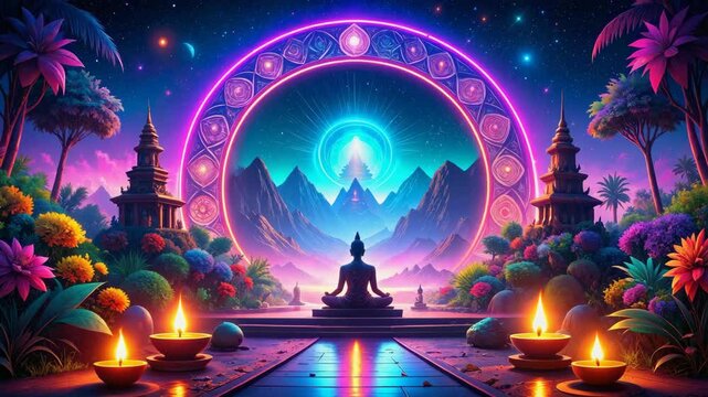 Serene buddha statue meditates before glowing portal in vibrant fantasy asian landscape.