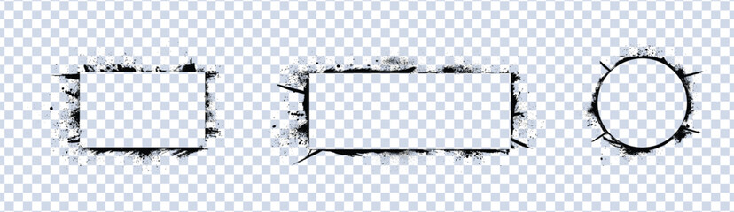 Black Grunge Frames and Text Boxes, Dirty Artistic Ink and Paint Brush Strokes, Vector Design Elements on White Background