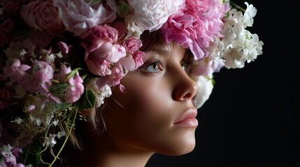 Portrait of a young woman with a floral crown showcasing pink and white blooms against a dark background