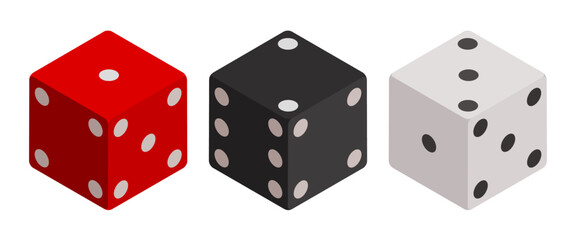 Three dice. Red dice, black dice and white dice. Vector 3d clipart isolated on white background.