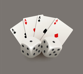 Playing cards and dice. Casino illustration. Vector 3d illustration