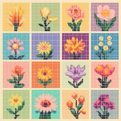 Colorful pixel flower garden in grid layout, retro style, with blooming 8-bit plants and soft tones.