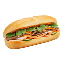 Delicious Vietnamese banh mi sandwich with grilled meat, ham, pickled vegetables, and cilantro on a crusty baguette