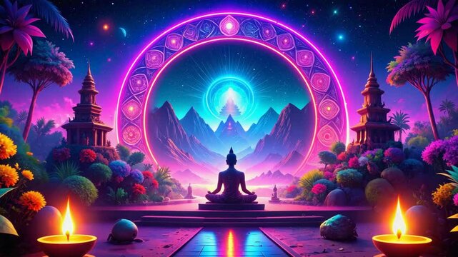 Serene buddha statue meditates before glowing portal in vibrant fantasy asian landscape.