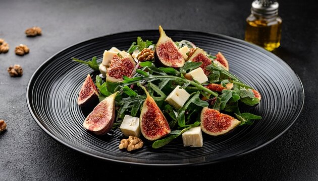 salad with figs arugula nuts and cheese topped with oil on a black plate - Powered by Adobe