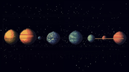 Pixelated solar system map showing colorful planets and stars in retro digital space art style.