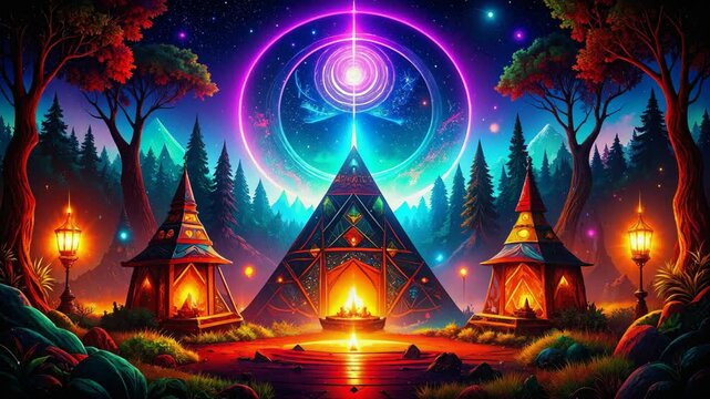 Fantasy landscape showing pyramid illuminated by full moon and magical portal.