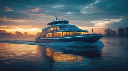 Electric ferry with blue-green energy consumption stats