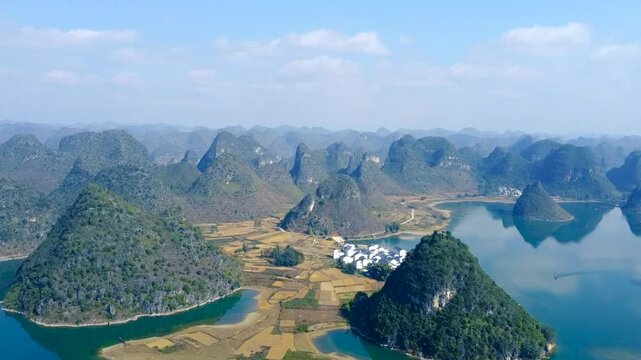 Aerial view of karst landscape at Quyang Lake Scenic Area, Jingxi, Baise, Guangxi, China
