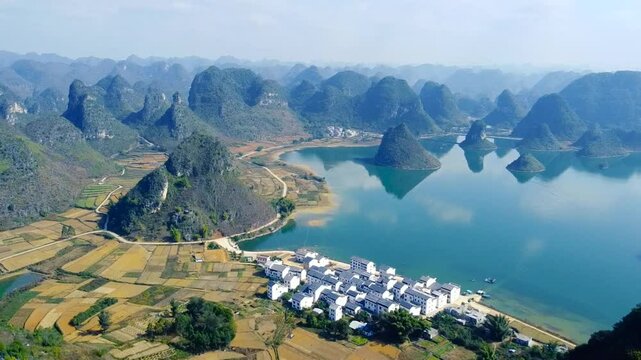 Aerial view of karst landscape at Quyang Lake Scenic Area, Jingxi, Baise, Guangxi, China