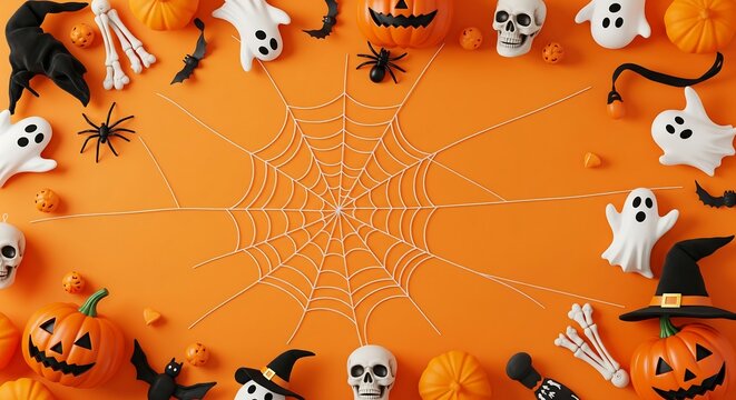 Halloween decorations background with pumpkins ghosts skulls bats and spider web on orange 100 characters - Powered by Adobe