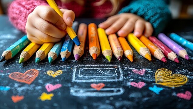 Child s Hands Using Colorful Pencils on Blackboard Drawing Hearts