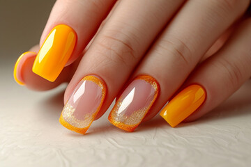 Orange color woman nails macro. Manicure closeup. Female orange yellow nails close-up. Nail care in beauty salon. Spa healthy treatments for female hands. Fashion bright summer trendy manicure.
