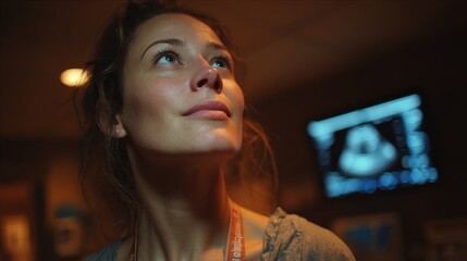 Pregnant woman alone during early ultrasound, hopeful expression 