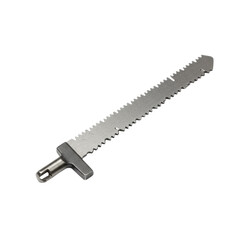 Brand-new polished metallic jigsaw blade with sharp precisely cut teeth and a universal T-shank, high-carbon steel, centered on a transparent isolated background with bright shadowless lighting, crisp
