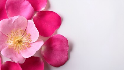 Obraz premium petals of pink wild rose to the right with copy space