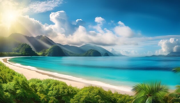 peinture a lrhuile de paysage tropical plage de sable blanc bordee de feuillage eau turquoise calme montagnes brumeuses a lrhorizon et rayons de soleil matinal filtrant a travers les nuages