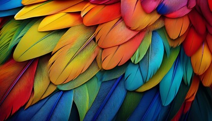 Obraz premium vibrant and colorful parrot feathers displaying a beautiful texture with vivid hues and intricate patterns for art