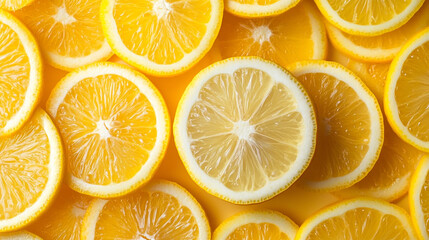 A bright, close-up overhead shot of numerous juicy orange and lemon slices, artfully arranged on a vibrant yellow background.