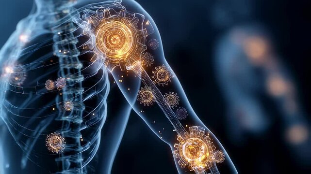 Medical visualization showcasing glowing mechanical gears integrated into human joints, highlighting the intricate mechanics of movement and potential for biomechanical enhancements