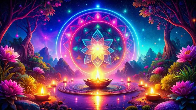 Festival of lights celebrating spiritual enlightenment in magical night landscape.