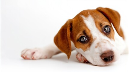 A charming puppy in a serene studio portrait, embodying innocence and pure joy