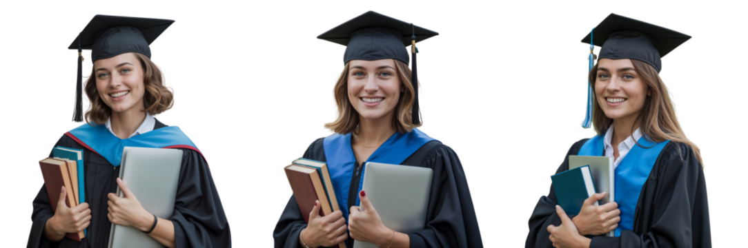 Set of happy young female students, girls wearing square academic caps and holding books on transparent PNG background.	 - Powered by Adobe