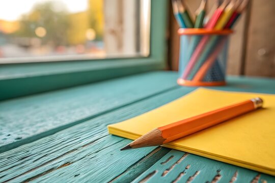 Orange pencil on yellow notepad near colorful pencils by window