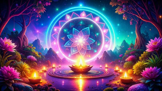 Festival of lights celebrating spiritual enlightenment in magical night landscape.