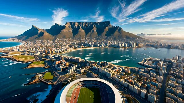 Aerial View of Cape Town with Stadium, Ocean Coastline, and Table Mountain in Background