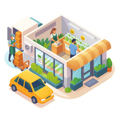 Fresh Produce Grocery Store Delivery Service Isometric Illustration Showing Customer Shopping and Delivery Driver Unloading Boxes