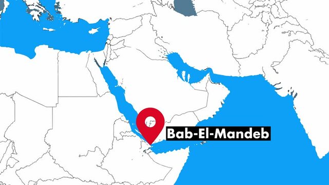 Animated vector map of the Middle East with a pulsing location icon labeling Bab el-Mandeb Strait, highlighting Yemen and the Red Sea region