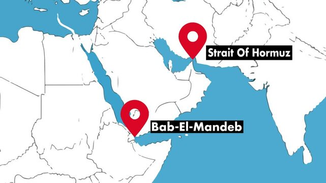 4K Animated vector map animation of the Middle East showing both the Strait of Hormuz and Bab el-Mandeb labeled with pulsing location icons