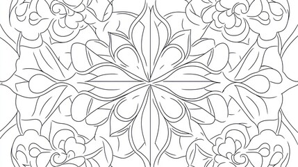 Abstract symmetrical floral line art in white on a seamless background