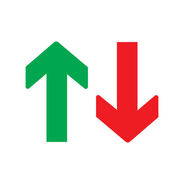Green up and red down directional arrows symbolizing contrasting movements like financial growth and market decline.