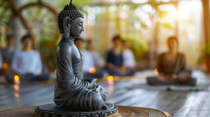 Group meditation session with a Buddha statue in the foreground, creating a serene and spiritual atmosphere.