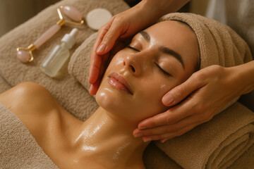 Relaxing spa facial treatment with essential oils and rose quartz roller