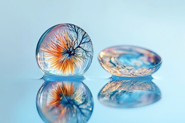 Close-up of two contact lenses on a light blue background, with one lens showing the design and pattern