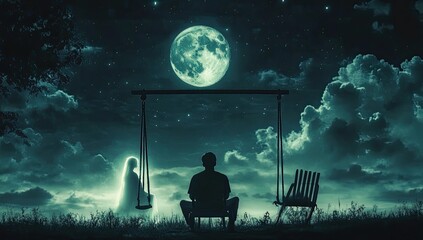A lone figure watches a ghostly figure on a swing under a full moon