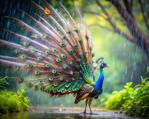 Obraz premium Majestic peacock displaying vibrant plumage in a lush rainforest during a gentle rain
