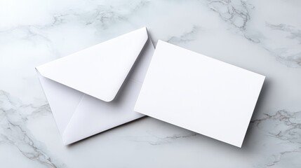Blank white envelope and card placed on a smooth marble surface, showcasing a minimalist design, ideal for invitations, greeting cards, or personal messages with ample space for customization