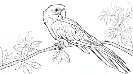 Obraz premium Line drawing of a macaw perched on a branch. Botanical background. Educational use