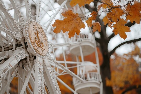 Close-up photo of an amusement park Ferris wheel, white metal frame with ornate carvings