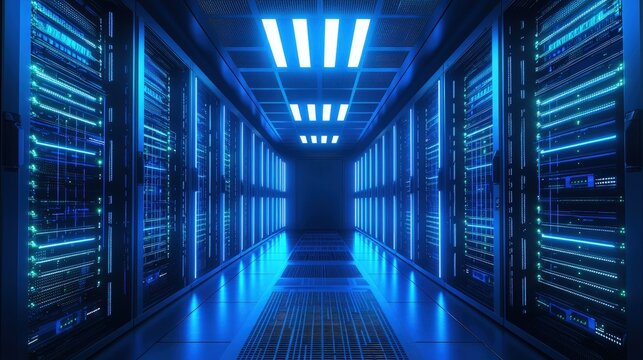 Advanced blue server room with glowing vertical racks, ceiling light panels, and a grated raised floor in a symmetrical high-tech data center infrastructure environment