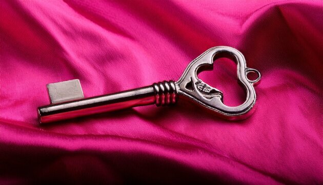vintage silver key labeled unlock resting on a vivid pink satin cloth